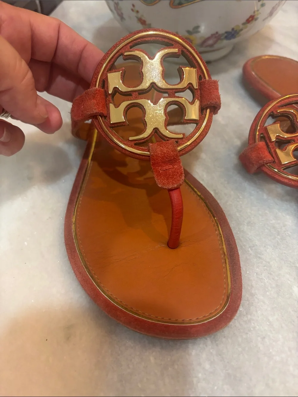 Tory Burch Red Suede Logo Thong Sandals with Gold Medallion